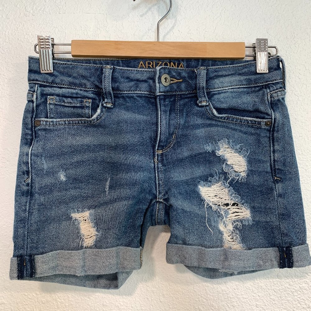 Arizona Jean Co Blue Denim Shorts Cuffed Distressed Holes W26xL4" Womens Size 0